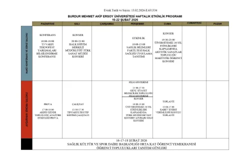Burdur Mehmet Akif Ersoy University Weekly Event Program (February 16-22, 2025)