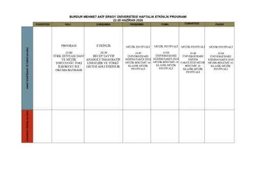 Burdur Mehmet Akif Ersoy University Weekly Event Program (June 22-28, 2026)